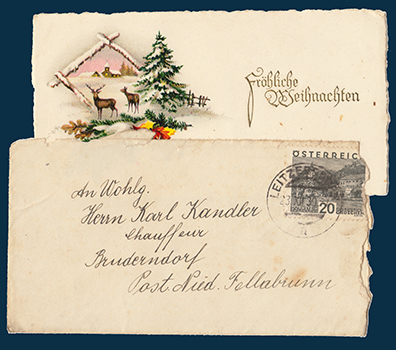 Alte Weihnachtskarte und Kuvert mit Anschrift des Kandler-Haus